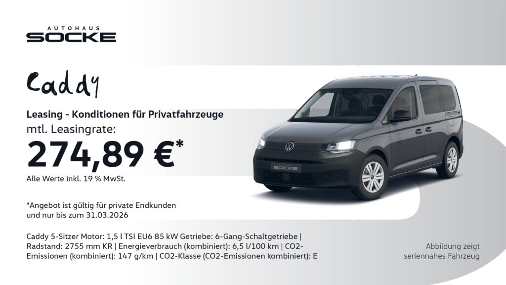 schwarzer VW Caddy Leasing Angebot bis 31.03.2026