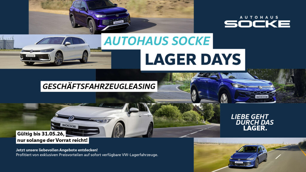 Lager Days für Geschäftsfahrzeugleasing bei Autohaus Socke. Collage verschiedener VW Modelle
