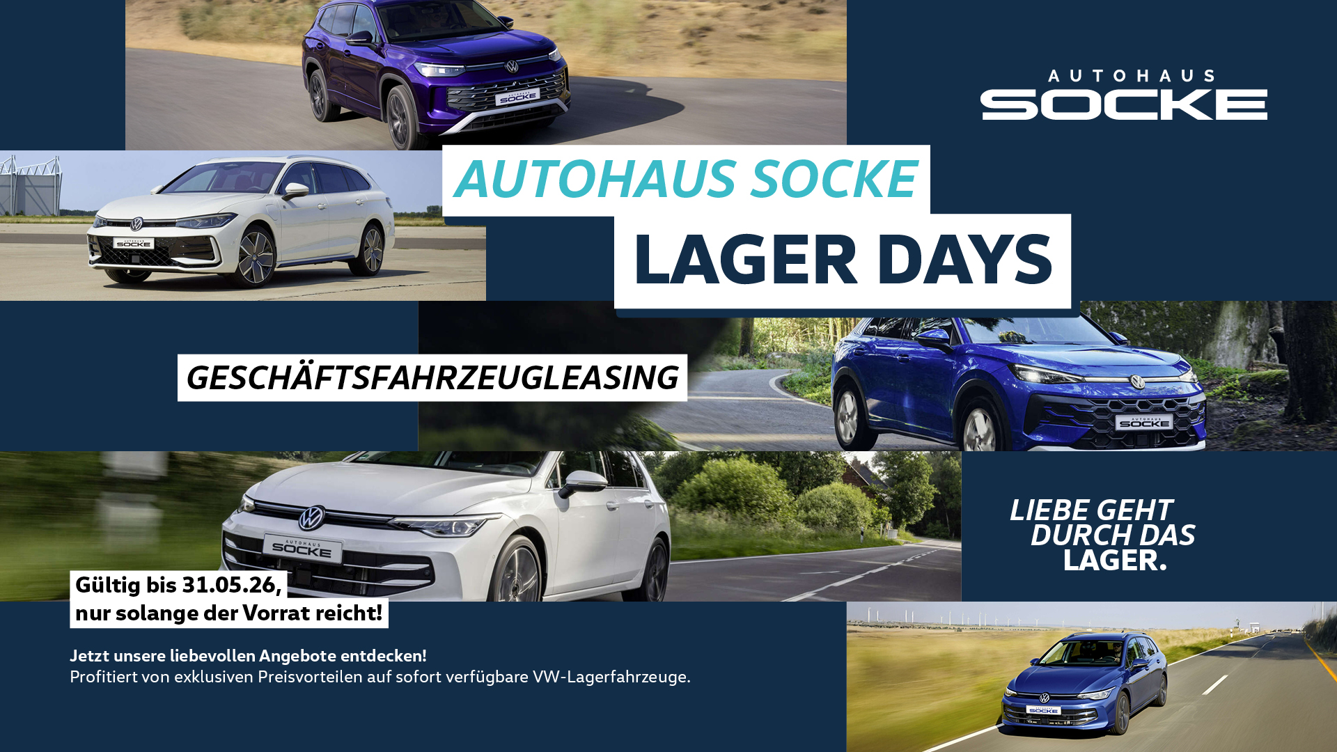 Lager Days für Geschäftsfahrzeugleasing bei Autohaus Socke. Collage verschiedener VW Modelle