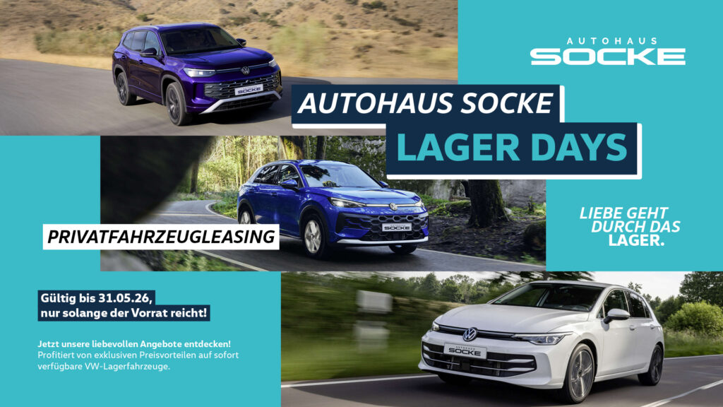 Lager Days für Privatfahrzeugleasing bei Autohaus Socke. Collage verschiedener VW Modelle