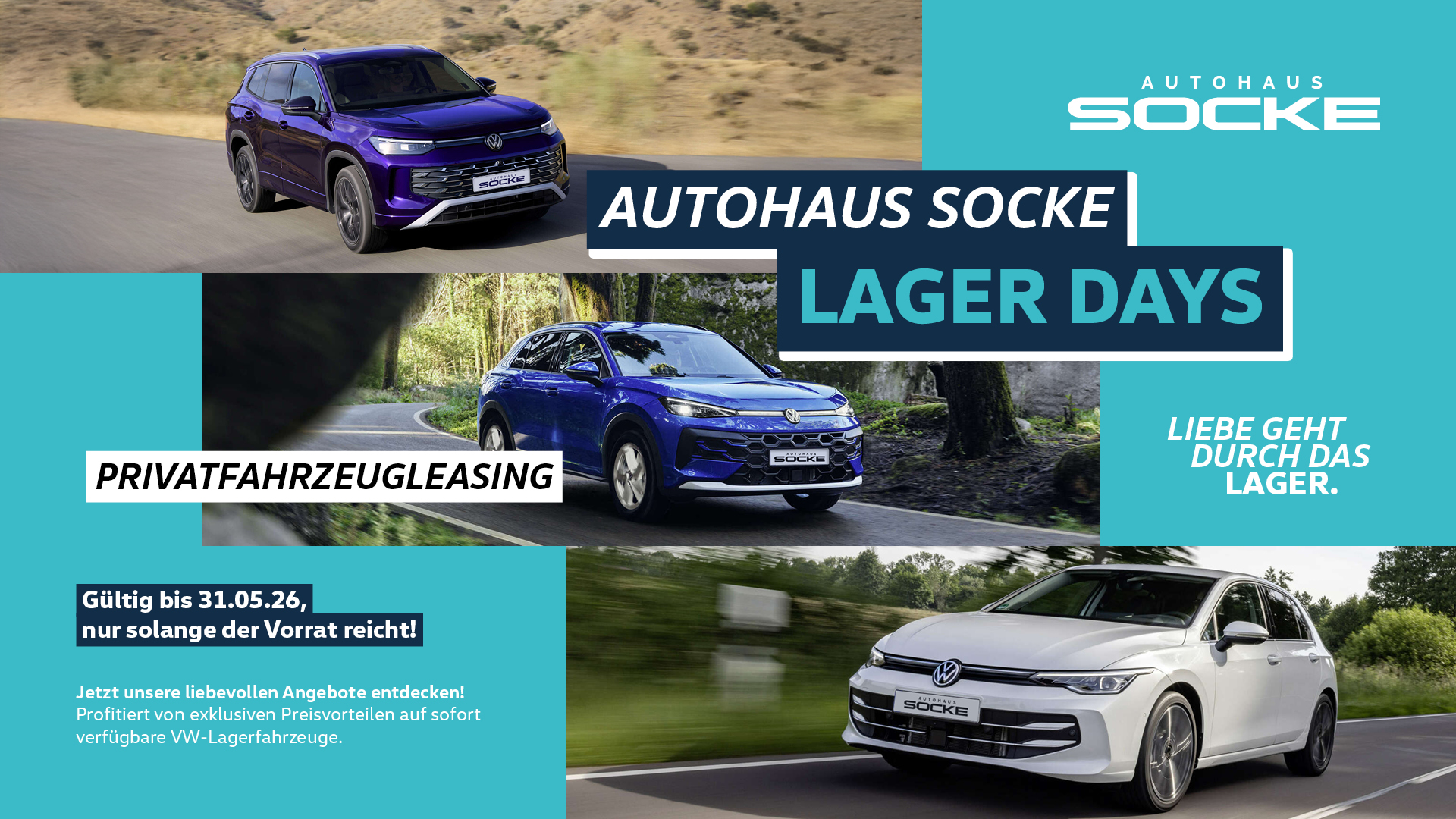 Lager Days für Privatfahrzeugleasing bei Autohaus Socke. Collage verschiedener VW Modelle