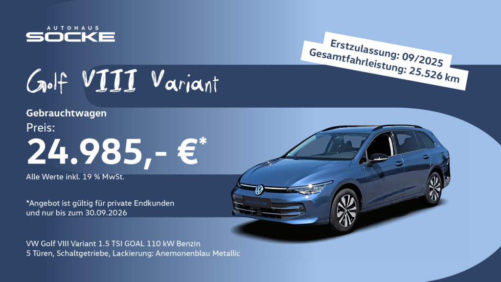 Gebrauchtwagenangebot eines blauen VW Golf VIII Variante für nur 24.985,- €