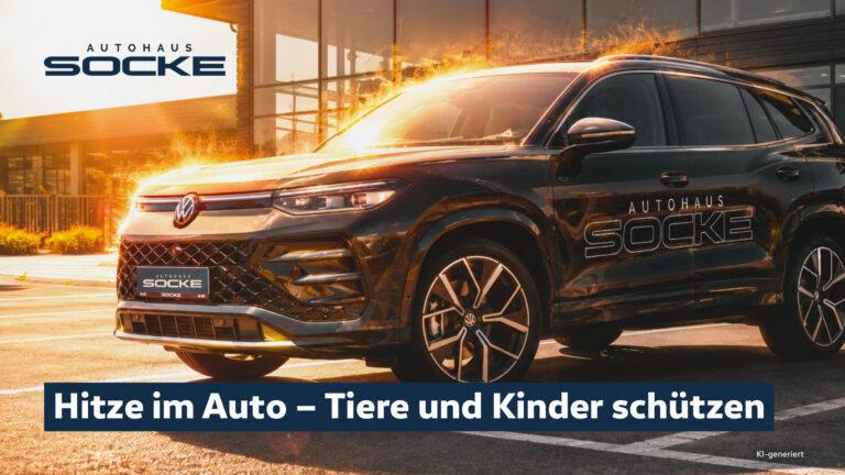 Schwarzer VW mit Socke Aufschrift steht auf einem Parkplatz in der Sonne