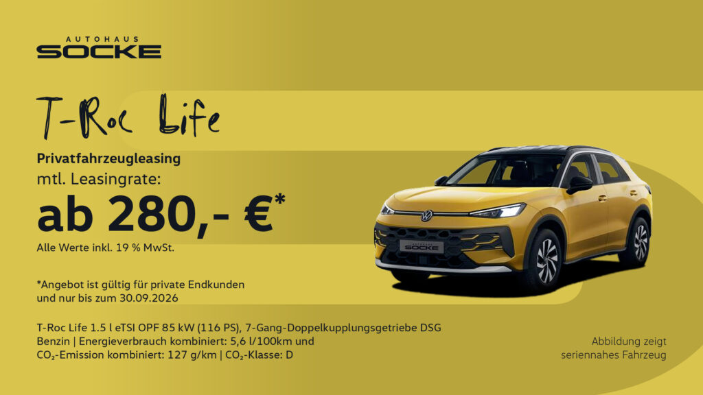 Privantleasingangebot eines gelben VW T-Roc Life für 280,- € mtl.
