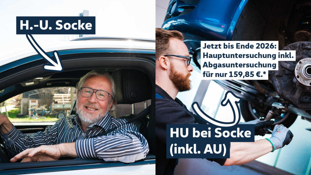 Angebot zur Hauptuntersuchung bei Autohaus Socke ab 159,85. Bild: lächelnder Hans Uwe Socke in einem VW und ein Werkstattmitarbeiter bei Durchführung einer Hauptuntersuchung